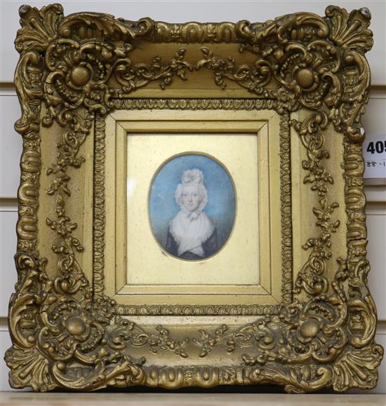 Early 19th century English School, oil on ivory, miniature portrait of a lady wearing a white bonnet, 9 x 7cm